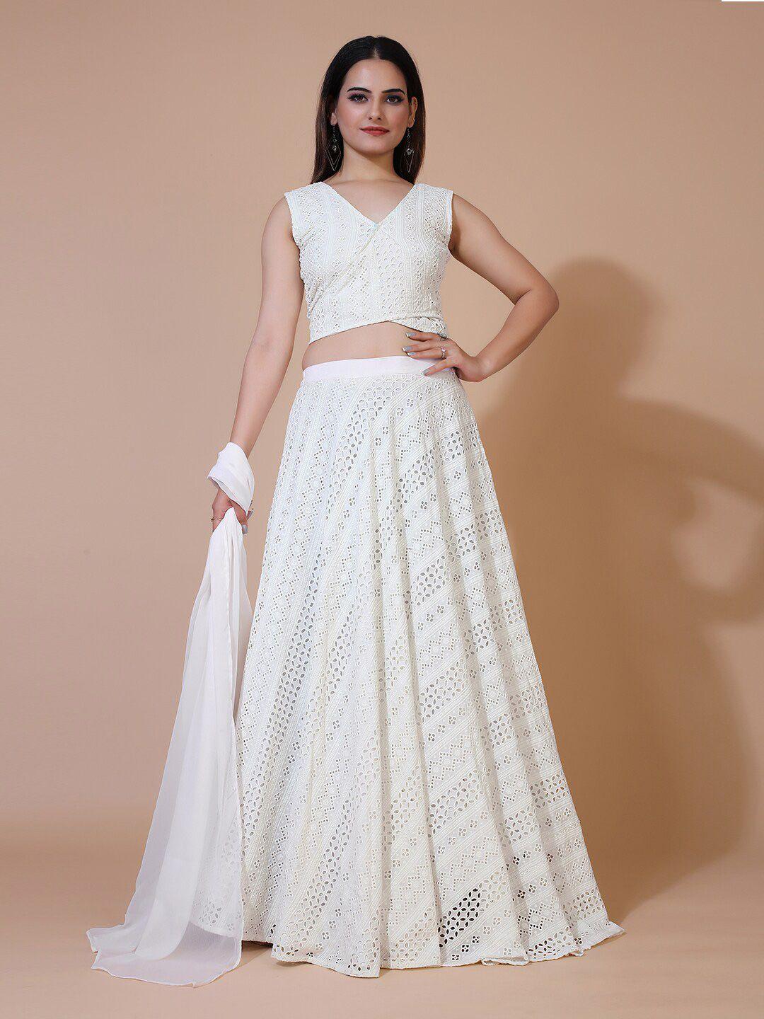 prenea white embroidered ready to wear lehenga & blouse with dupatta