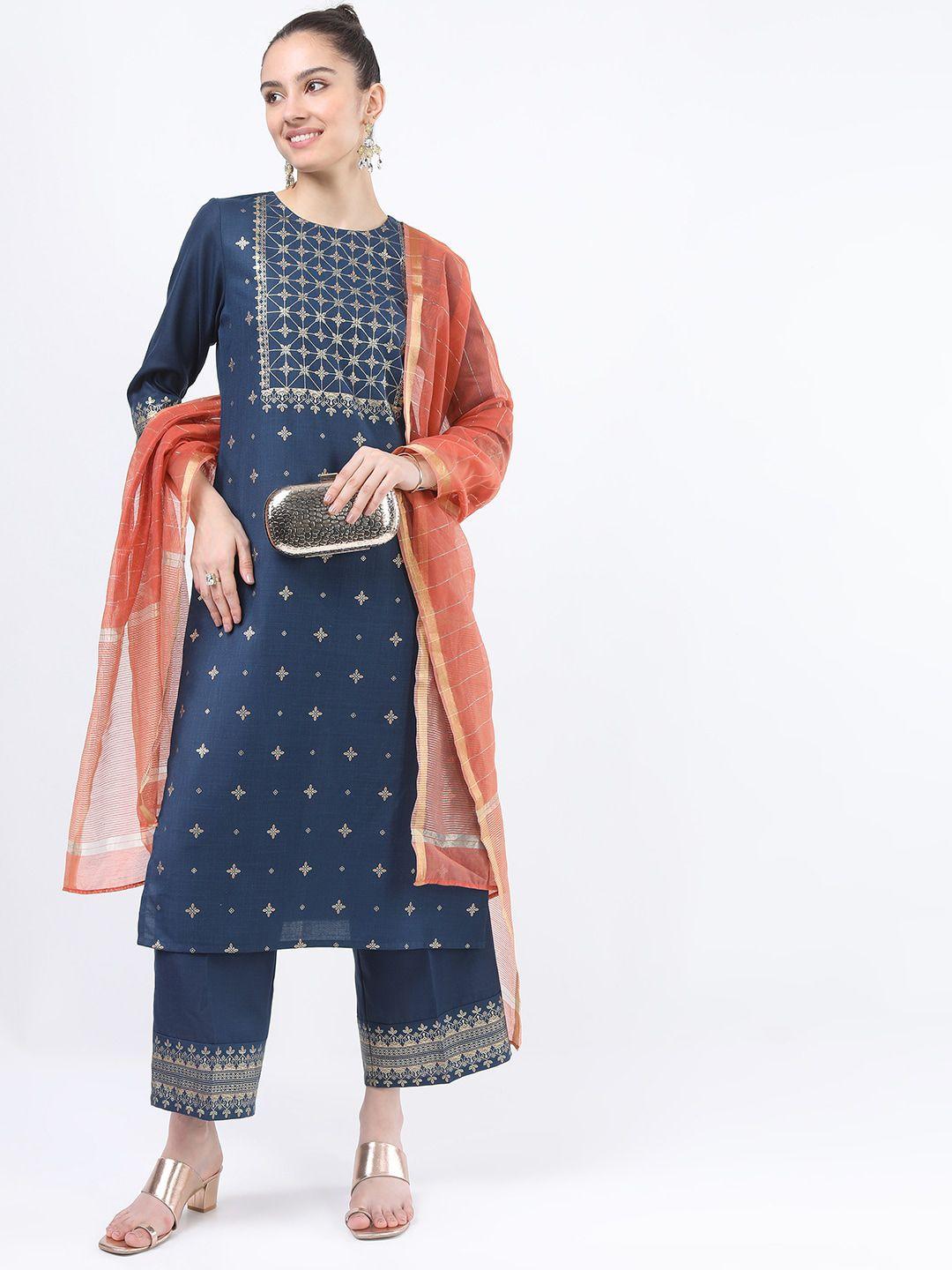 ketch women teal & orange ethnic motifs printed kurta with palazzos & dupatta