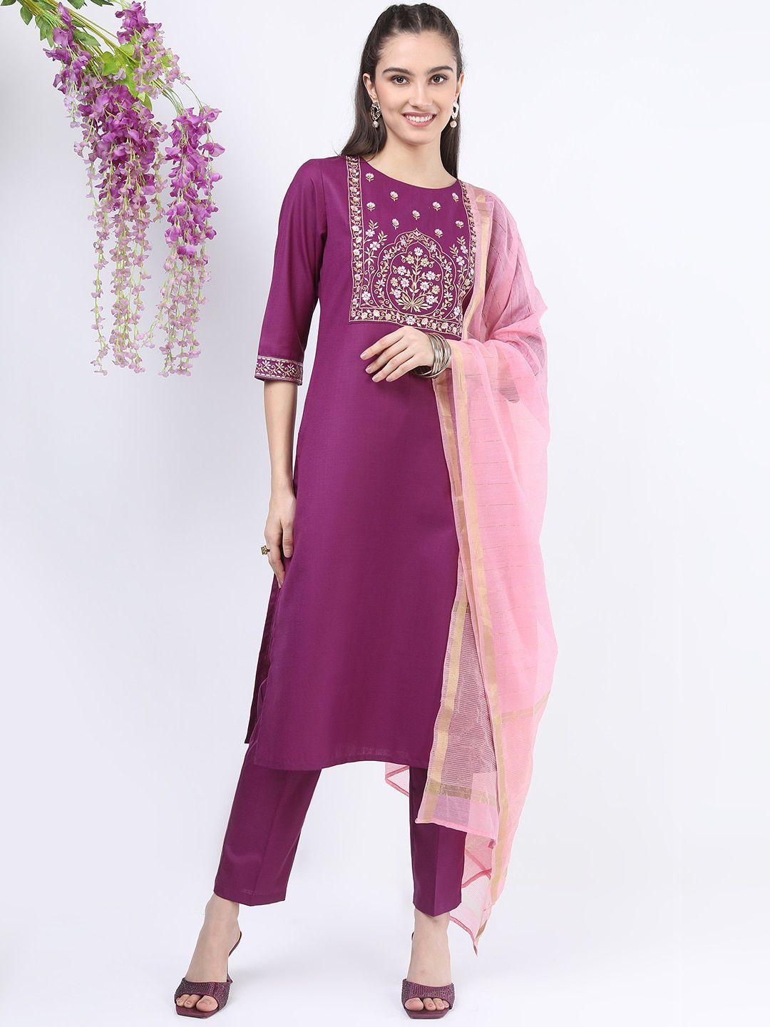 ketch women magenta floral embroidered  kurti with trousers & dupatta