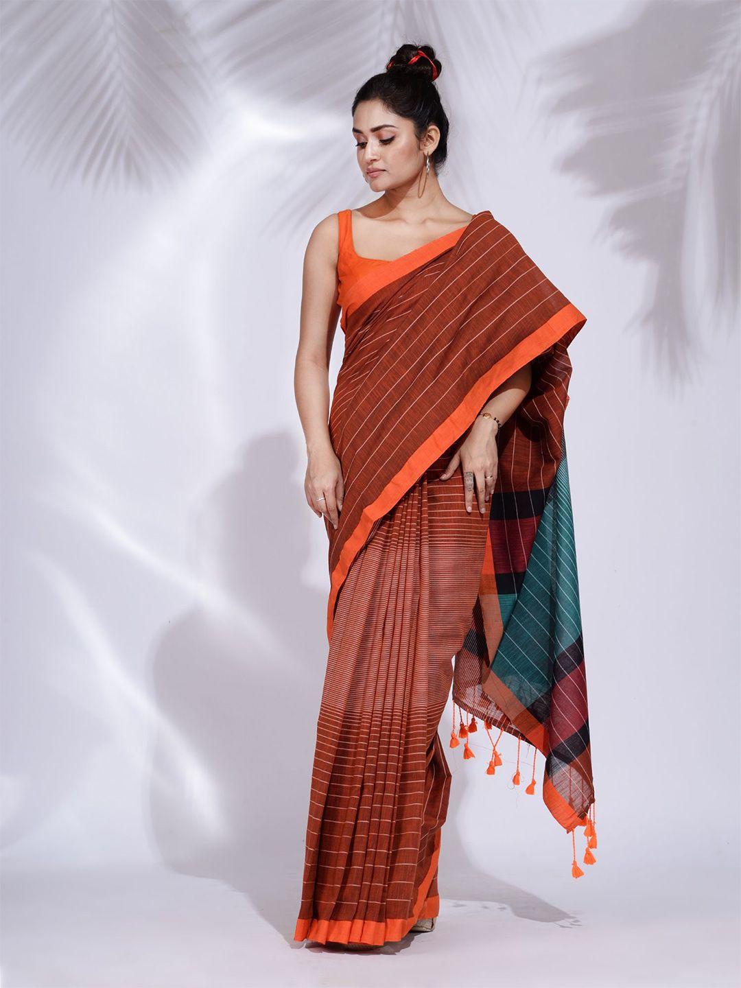 charukriti brown & orange striped pure cotton saree