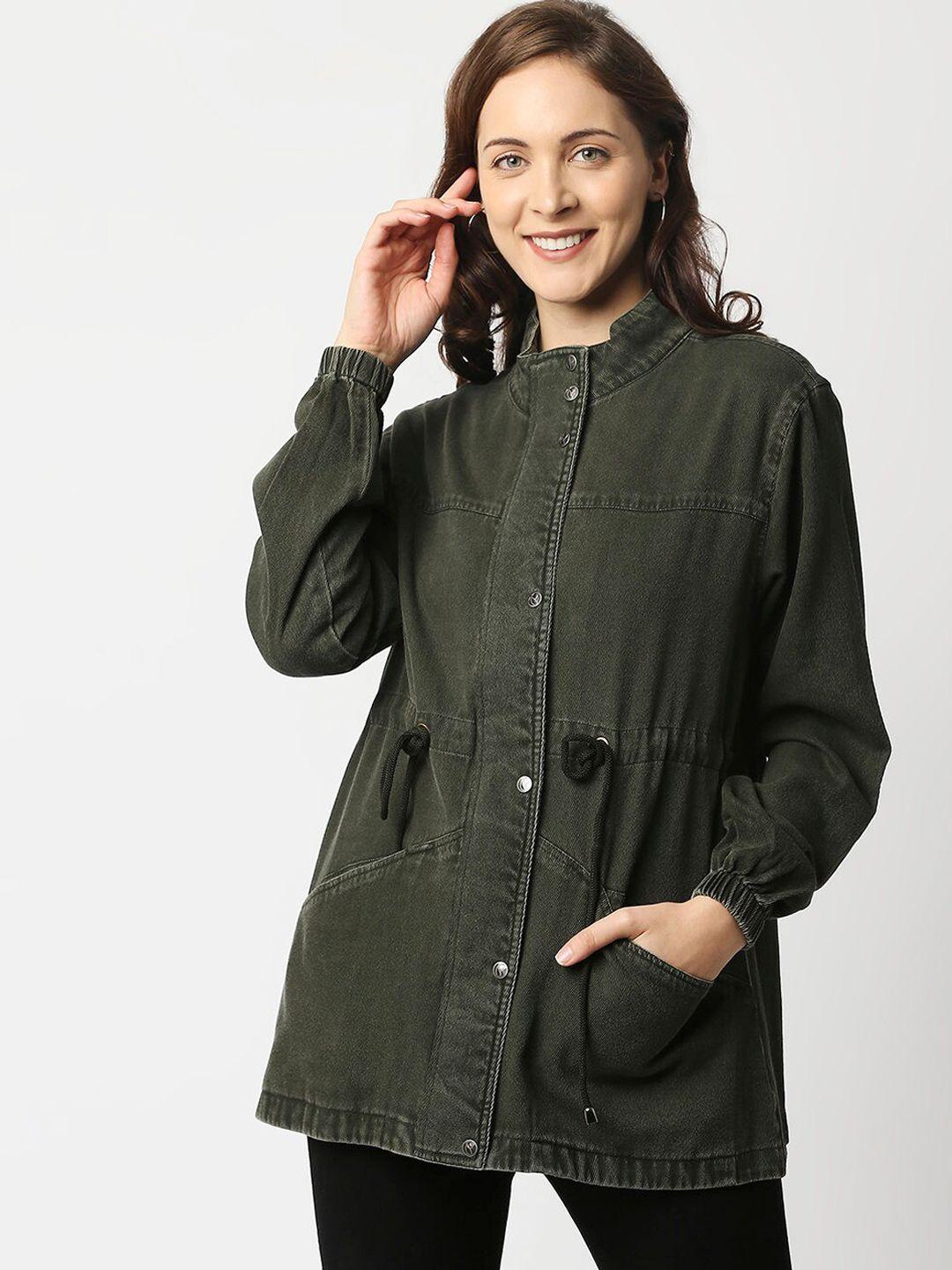 pepe jeans women green solid cotton longline parka jacket