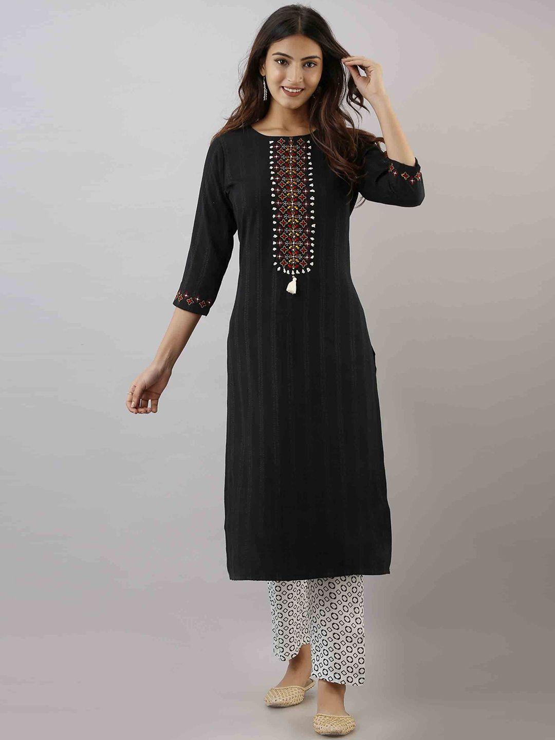 kalini women black yoke design panelled kantha work kurta with trousers