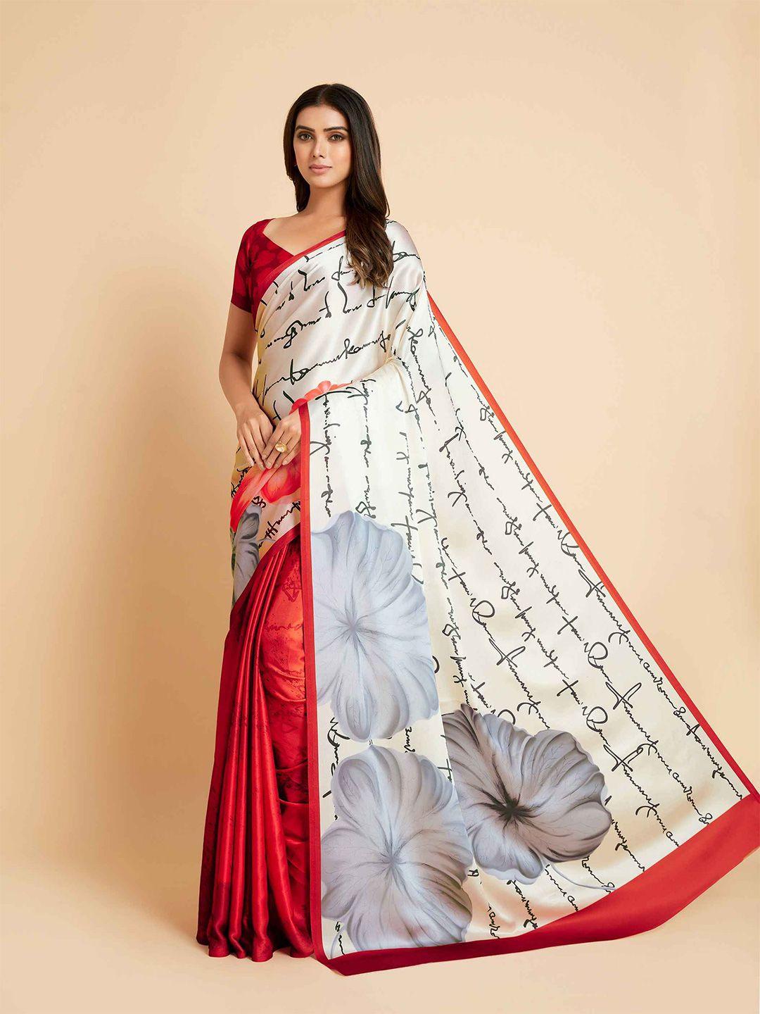 sangria red & off-white floral satin saree