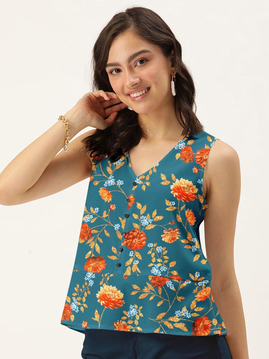 dressberry women teal floral printed v-neck top