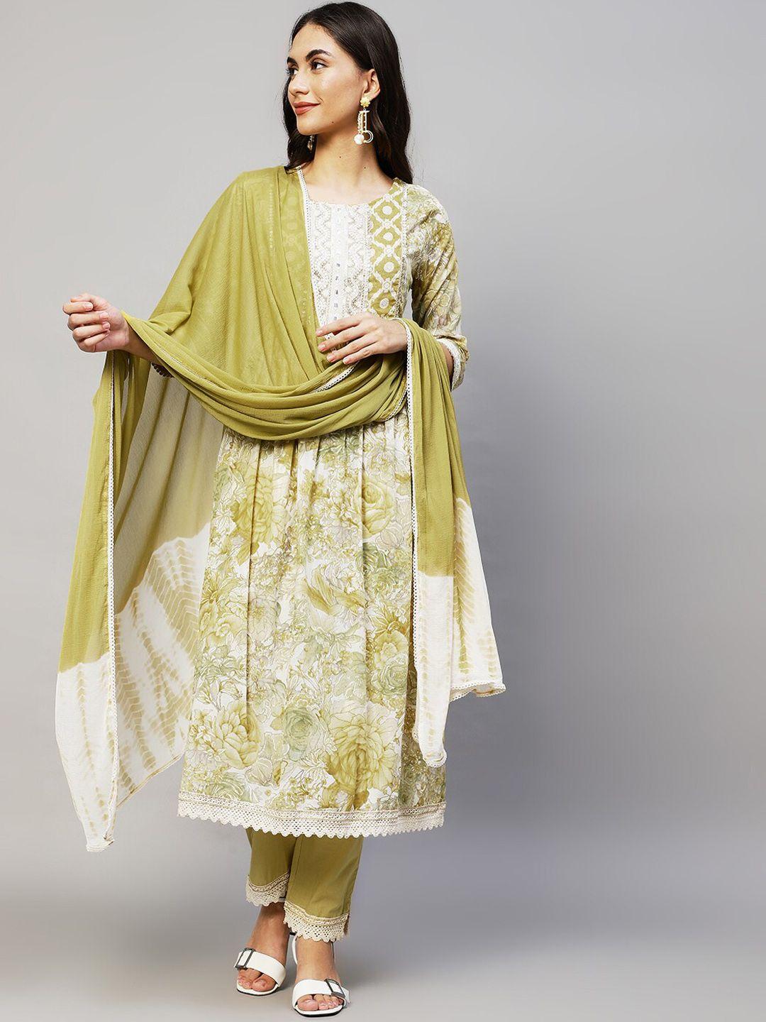 envy me by fashor women green floral printed kurta with trousers & with dupatta