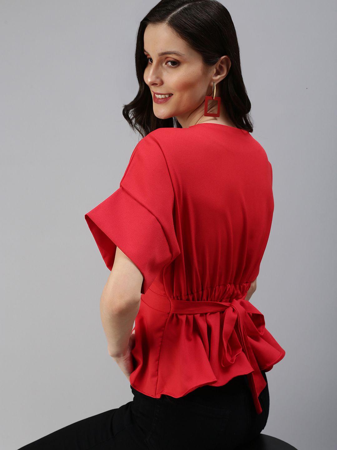 showoff women red solid peplum v-neck top