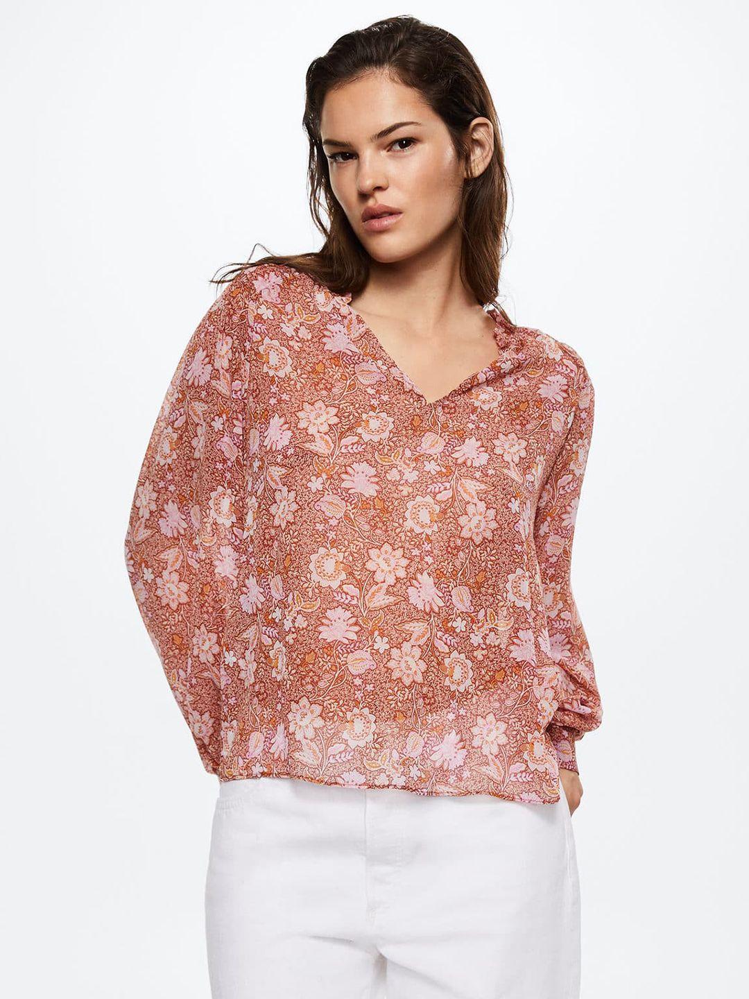 mango brown & pink floral print ruffles top