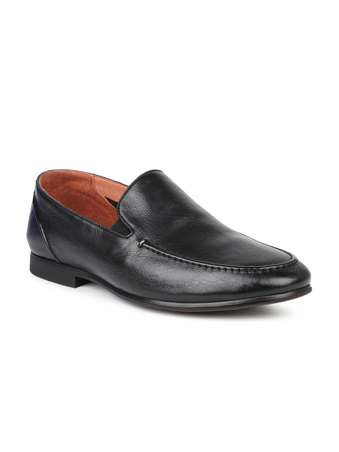 atesber men black solid leather formal slip-ons