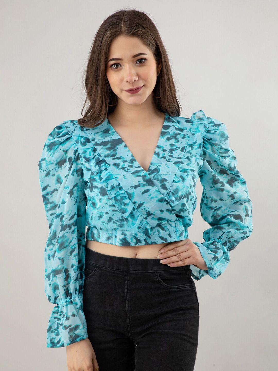 pretty loving thing women blue & teal printed chiffon wrap crop top