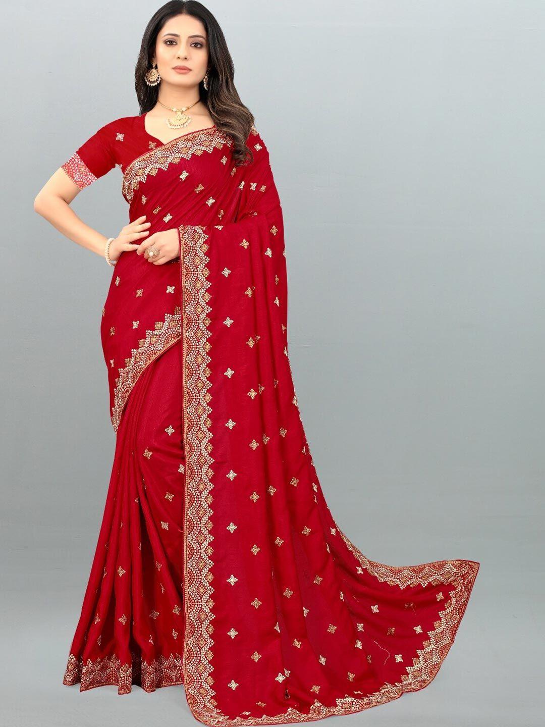 gajarai red & gold-toned floral embroidered silk blend banarasi saree