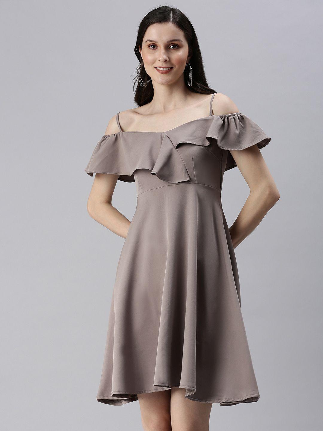 showoff women taupe ruffled cold shoulder dress