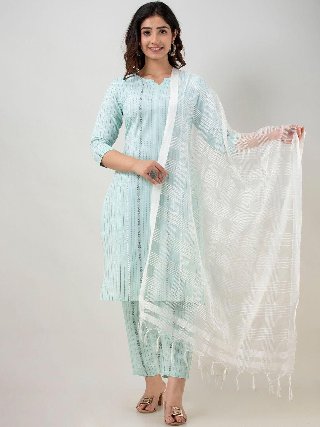 charu women sea green striped kurta with trousers & with dupatta