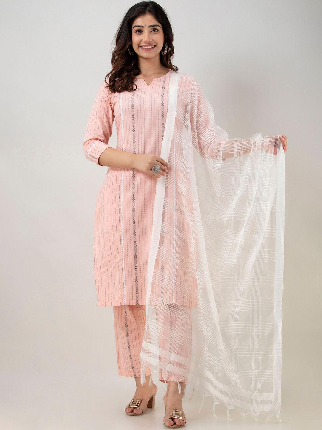 charu women peach-coloured striped kurta with trousers & with dupatta