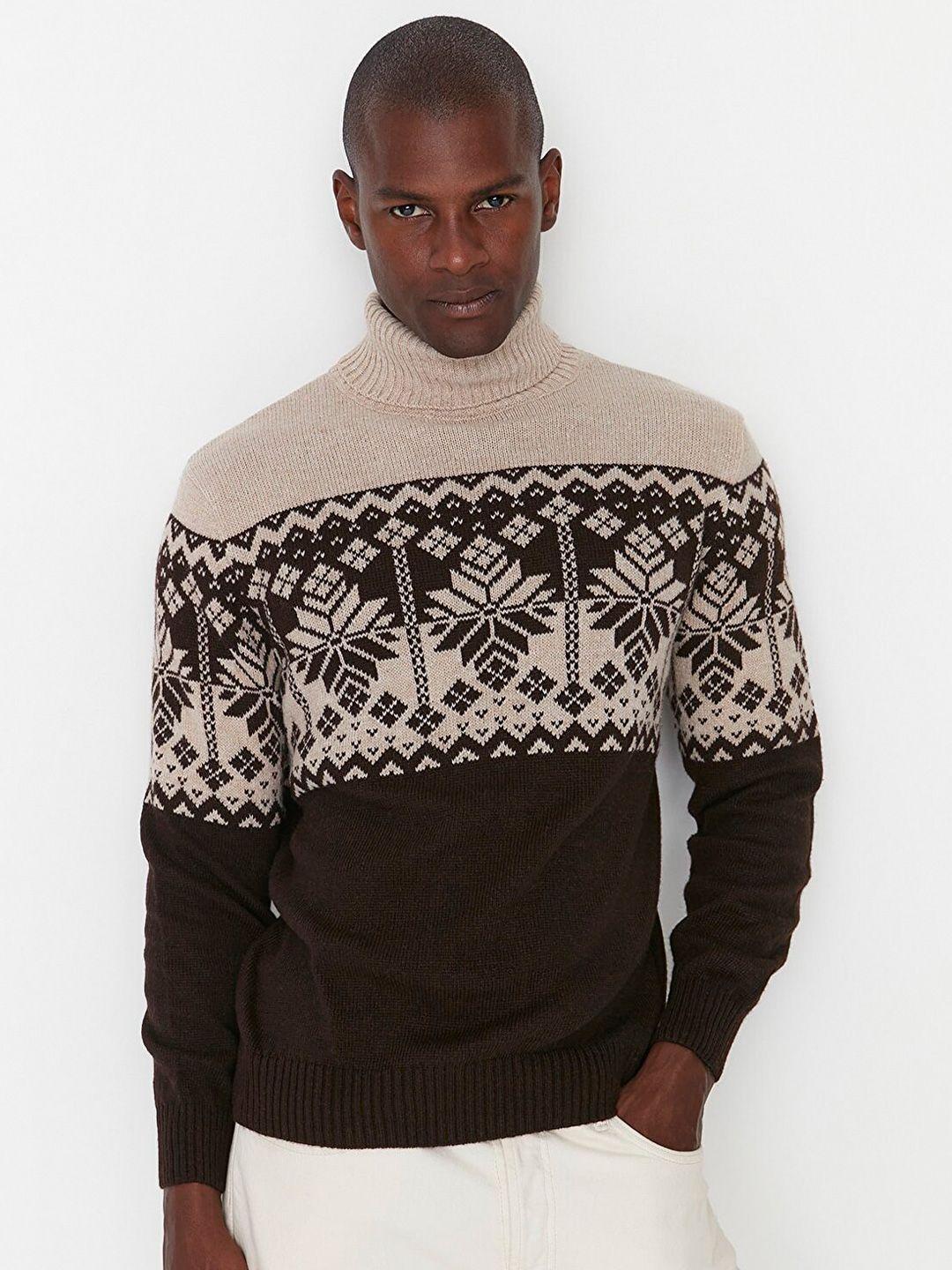 trendyol men beige & black printed pullover