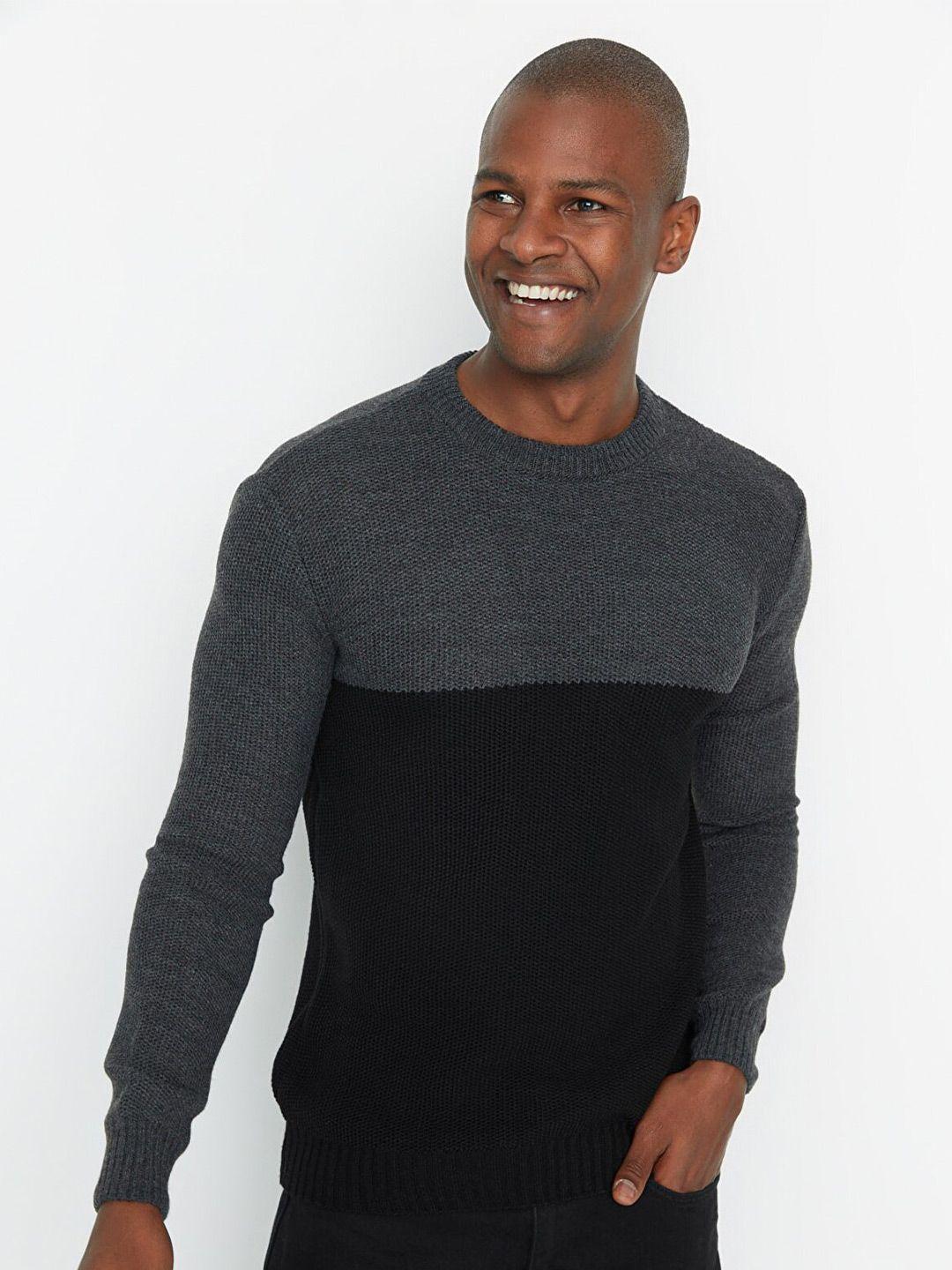 trendyol men black & grey colourblocked longline pullover