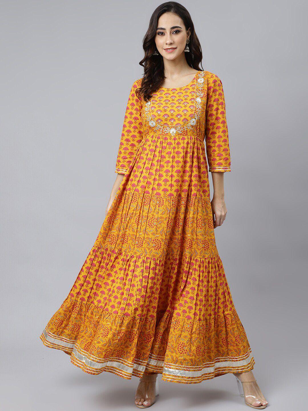 janasya mustard yellow ethnic maxi round floral neck dress