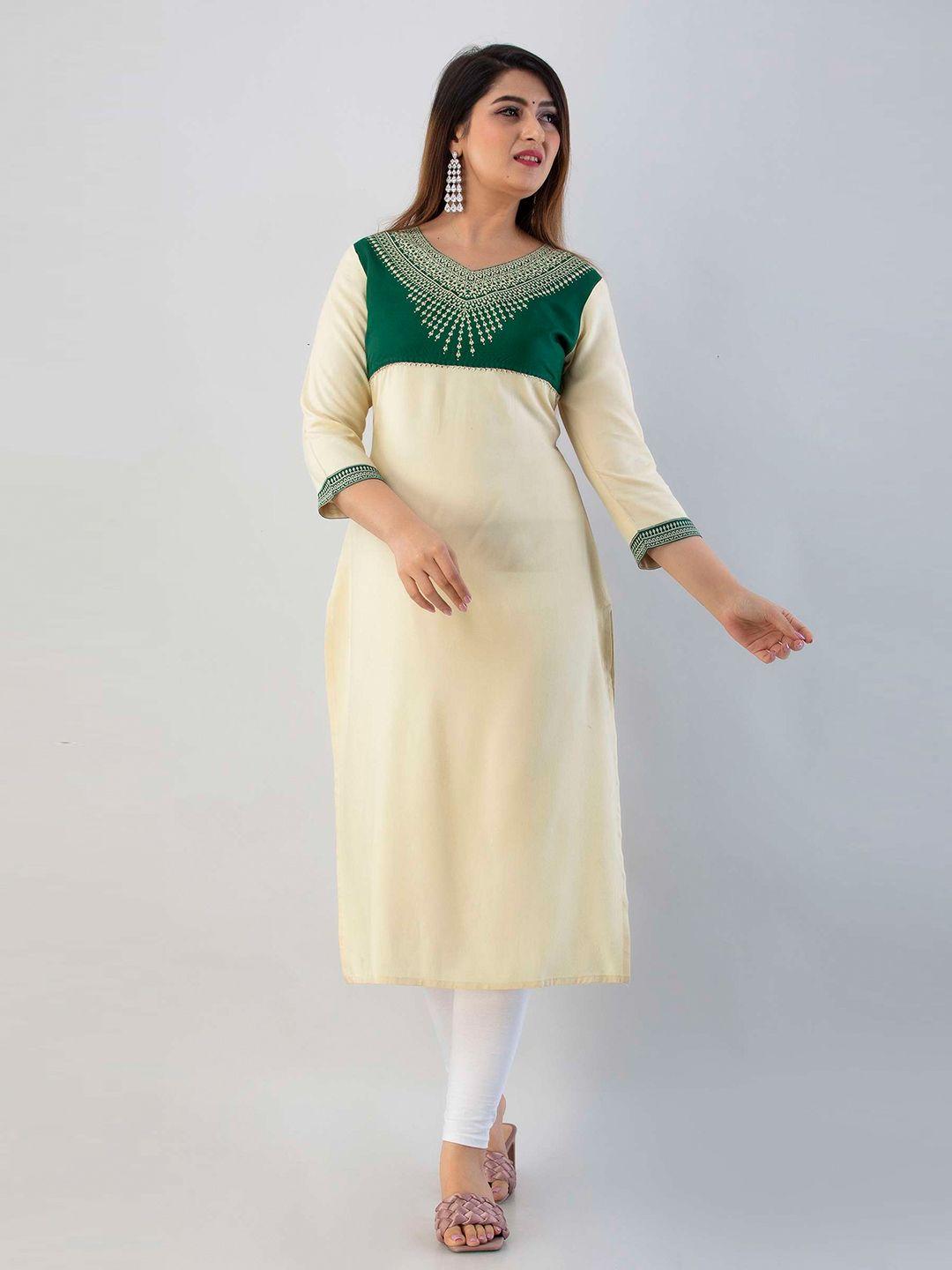 sky shoppie women fashion embroidered straight cream & green yoke design kurta