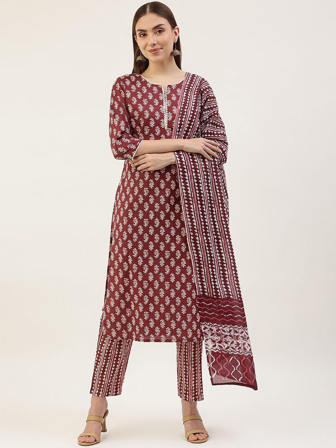 fiorra women maroon ethnic motifs printed pure cotton kurta with trousers & with dupatta