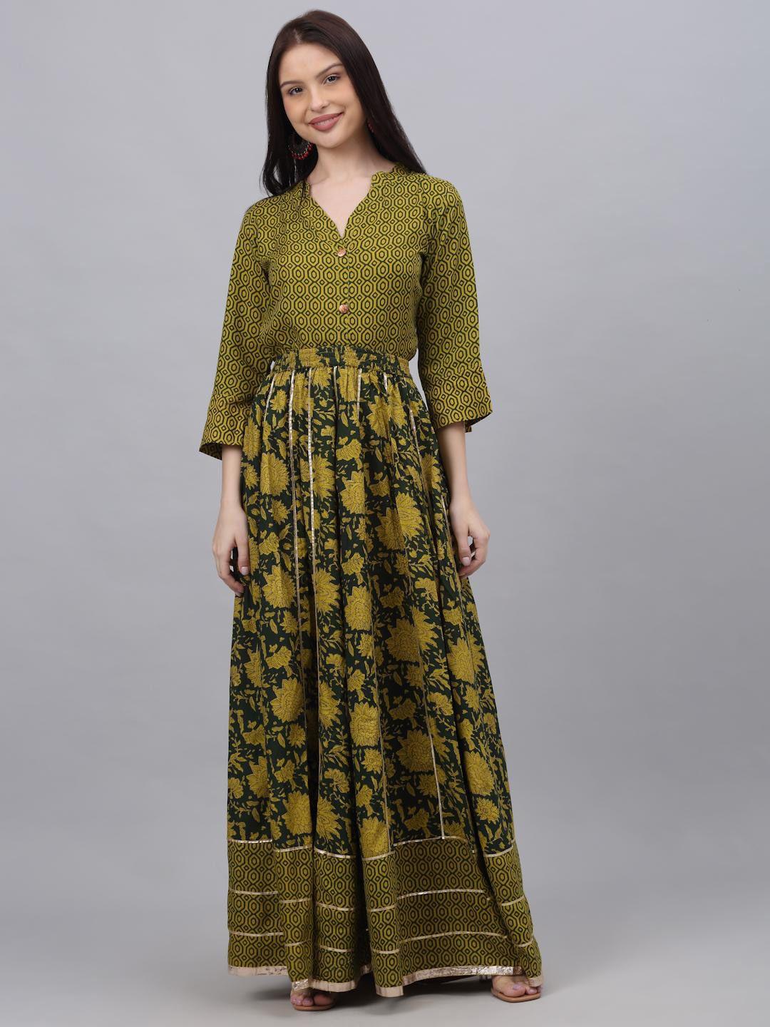 kalini women green floral pleated kurta with skirt