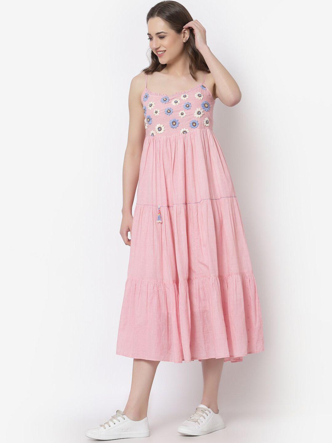 terquois pink & blue floral embroidered a-line midi dress