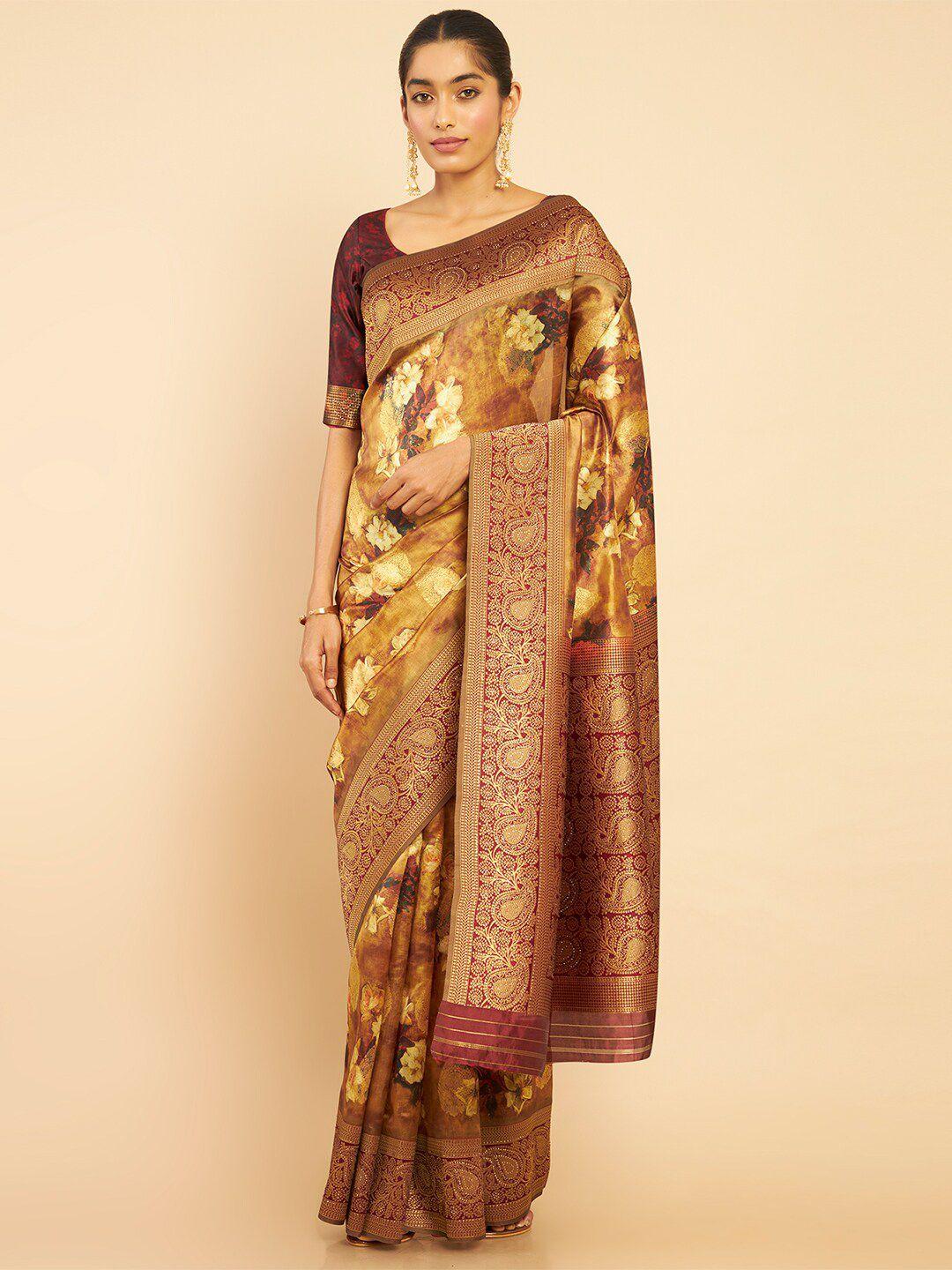 soch olive green & gold-toned floral zari silk cotton chanderi saree