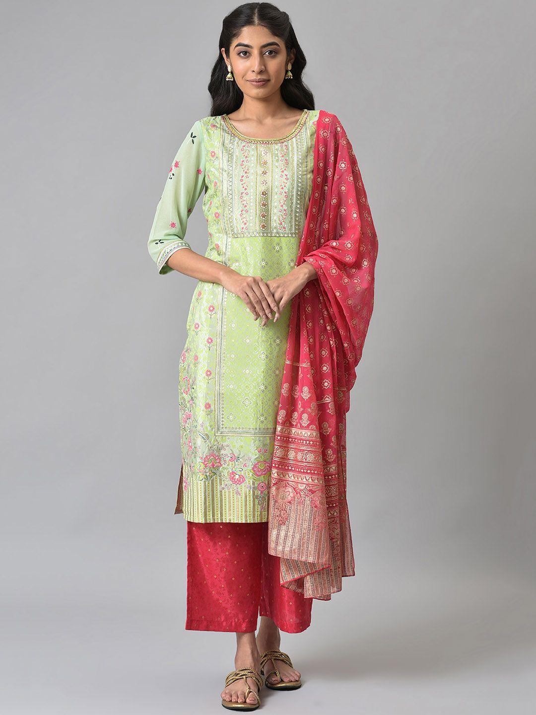 aurelia women green ethnic motifs printed kurta with palazzos & with dupatta