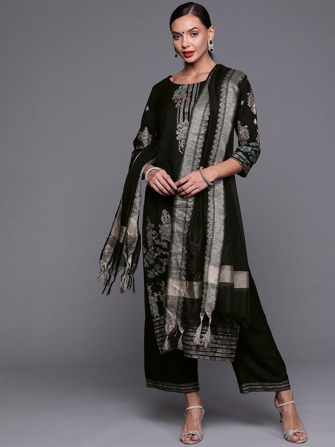 indo era women black ethnic motifs printed kurta with palazzos & with dupatta