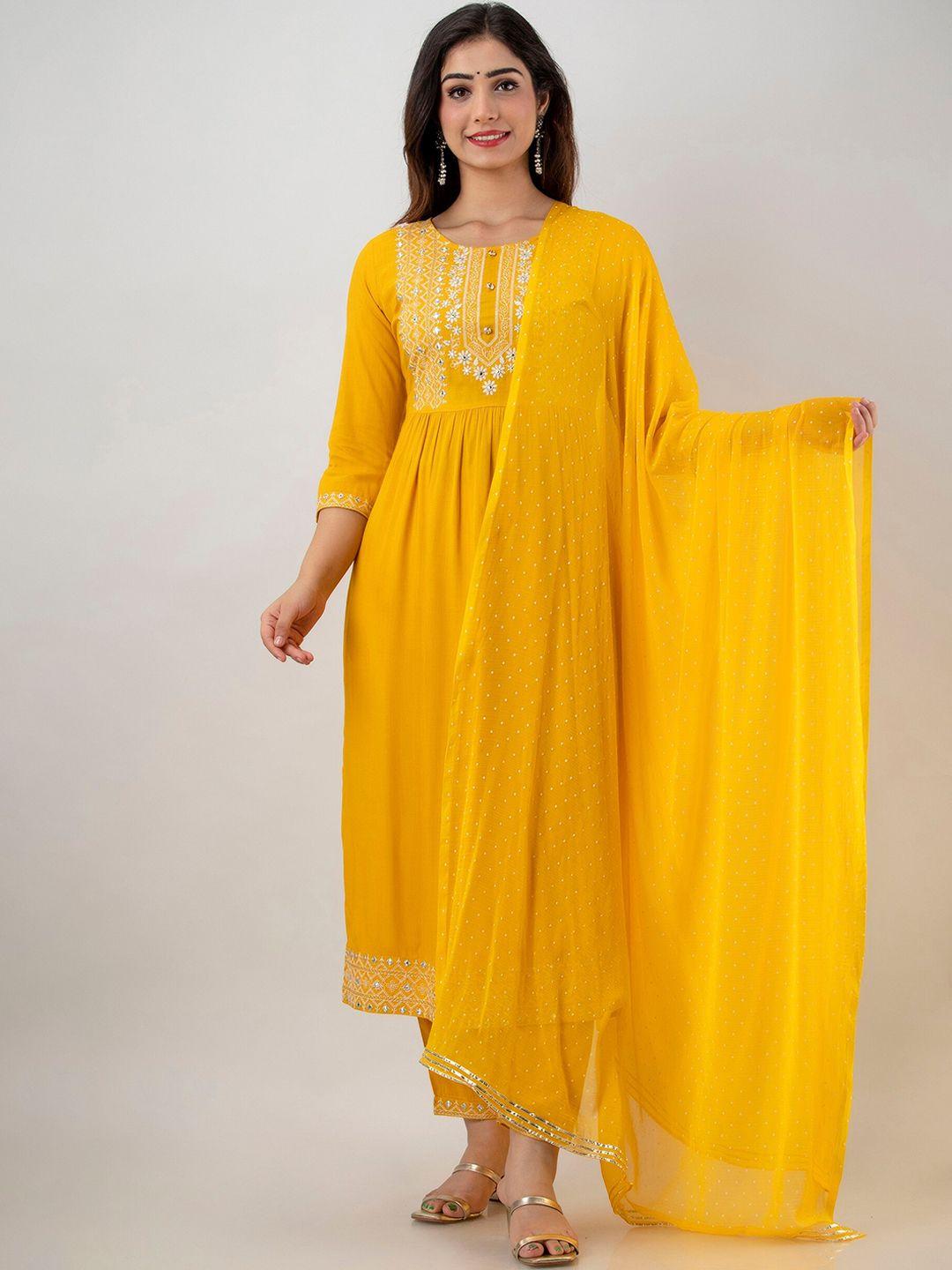 ckm women mustard yellow empire thread work kurta with trousers & with dupatta