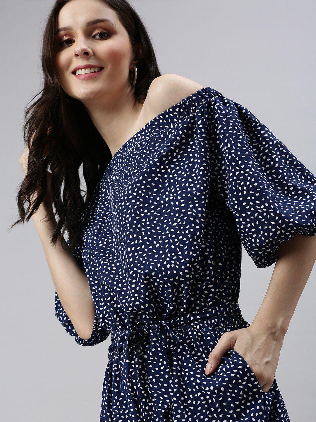 showoff women navy blue & white off-shoulder printed basic jumpsuit