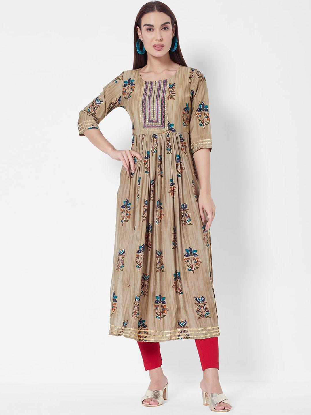 vedic women beige floral printed pleated chanderi silk kurta set