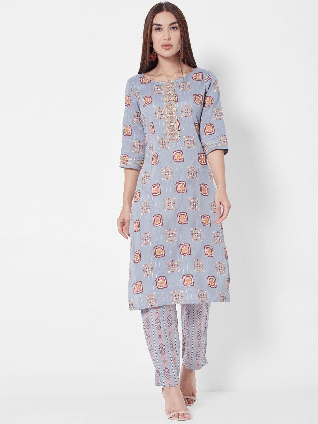 vedic women blue printed liva kurta with trousers