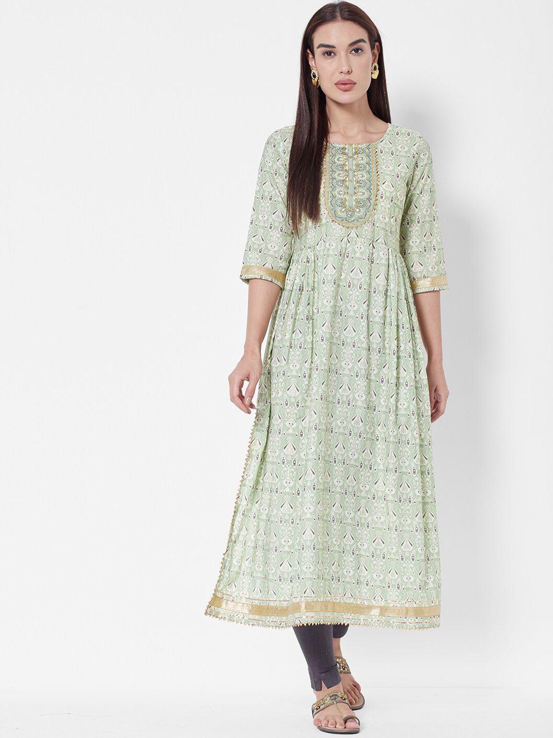 vedic women green floral printed empire chanderi silk kurta with trousers