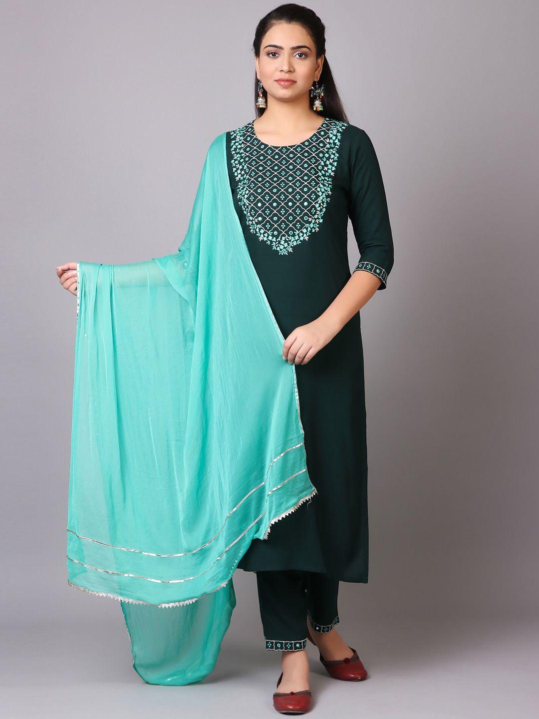 v tradition women green yoke design kurta with trousers & with dupatta