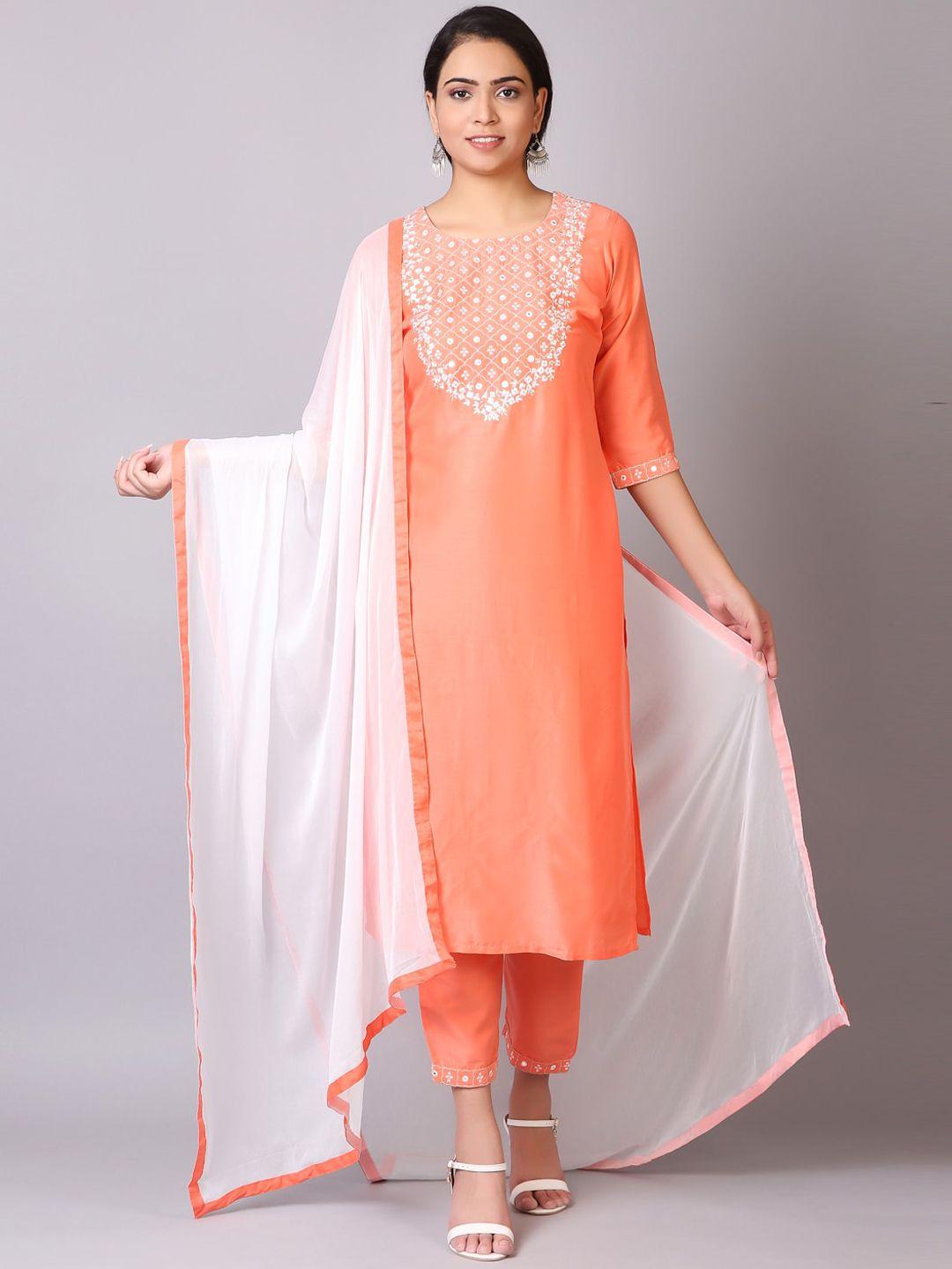 v tradition women orange yoke design kurta set