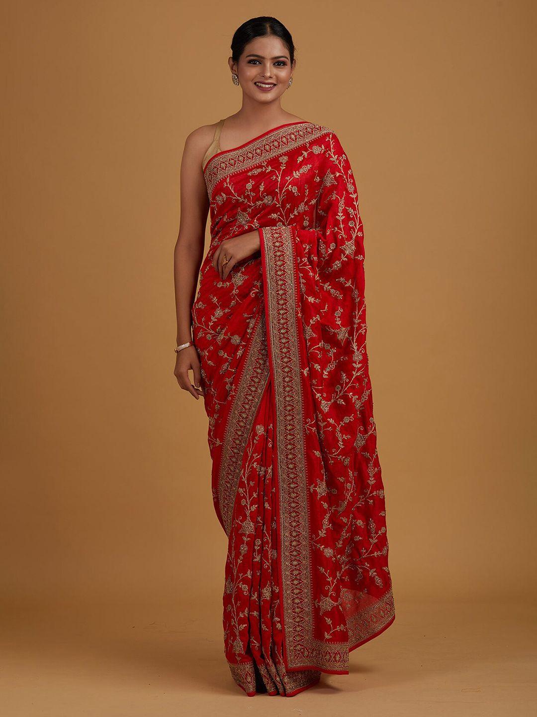 koskii red & gold-toned floral embroidered art silk saree