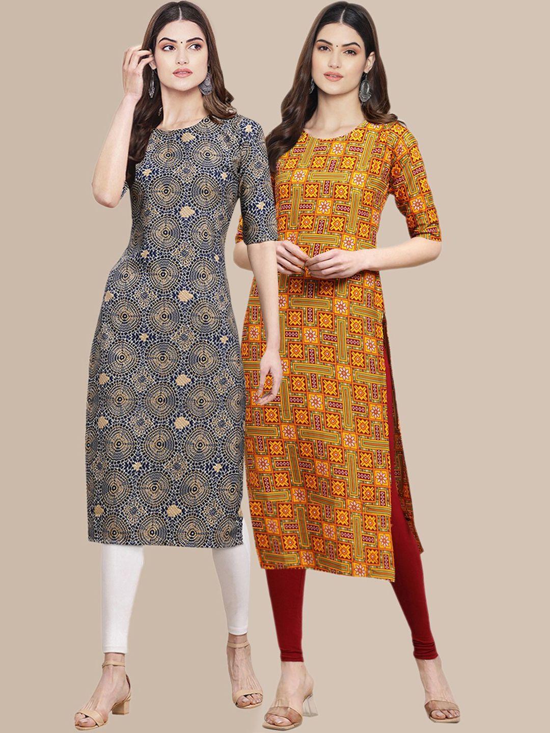 kalini women pack of 2 blue & mustard yellow printed block print crepe kurtas