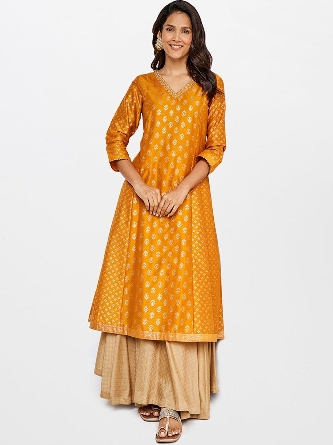 itse women mustard yellow ethnic motifs anarkali kurta