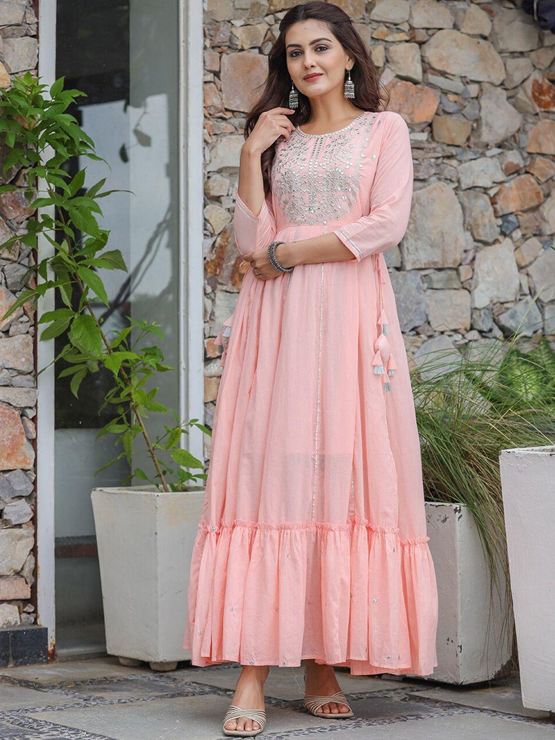 kaajh women pink embellished pure cotton anarkali ethnic dresses