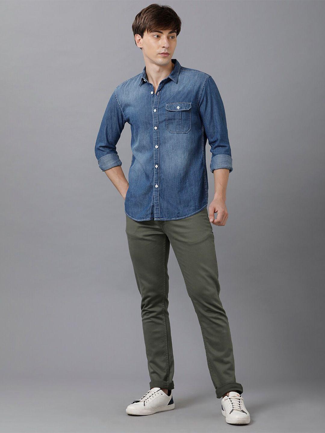 yovish men blue smart slim fit faded casual shirt