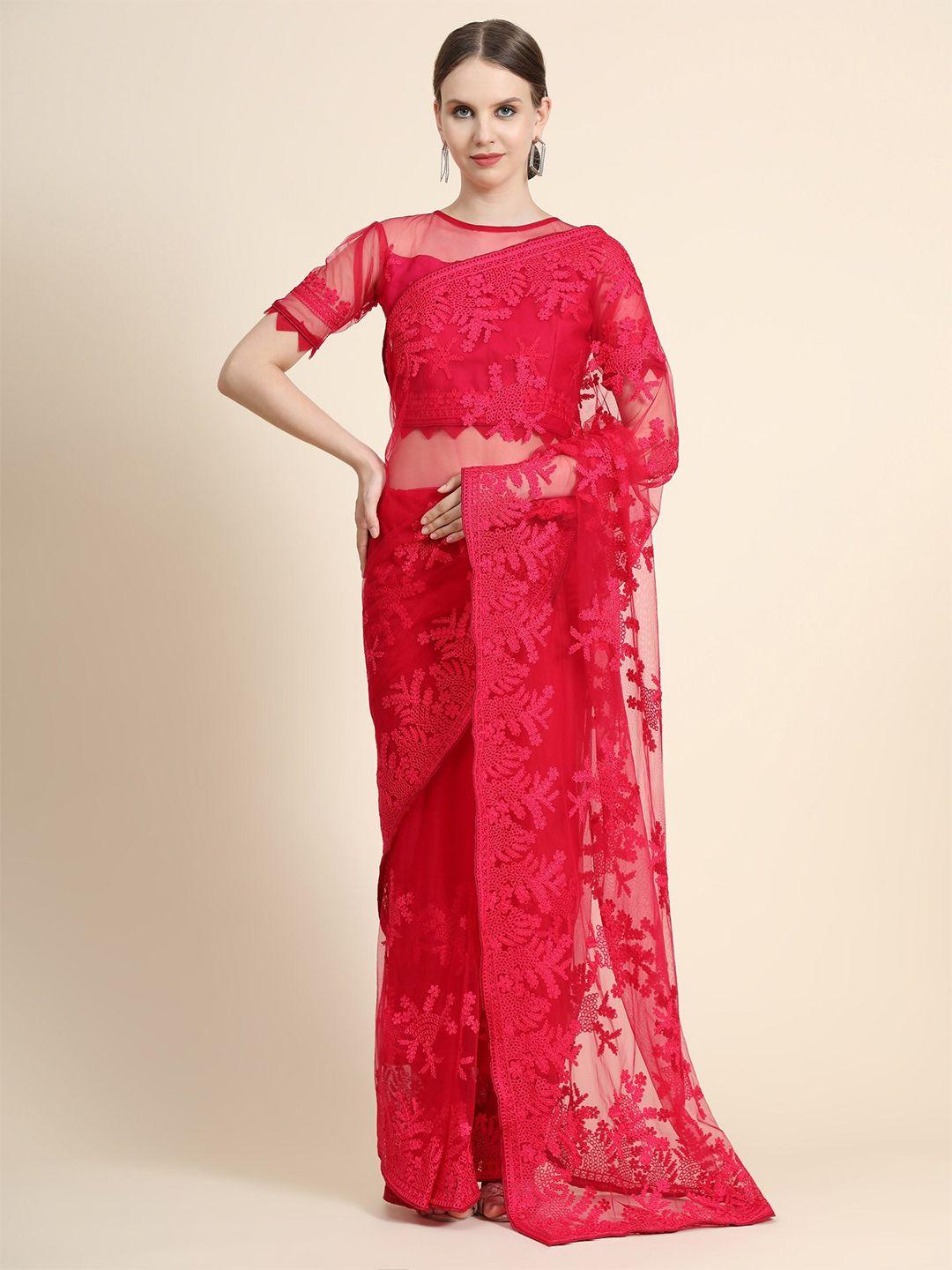 orus pink floral embroidered net saree