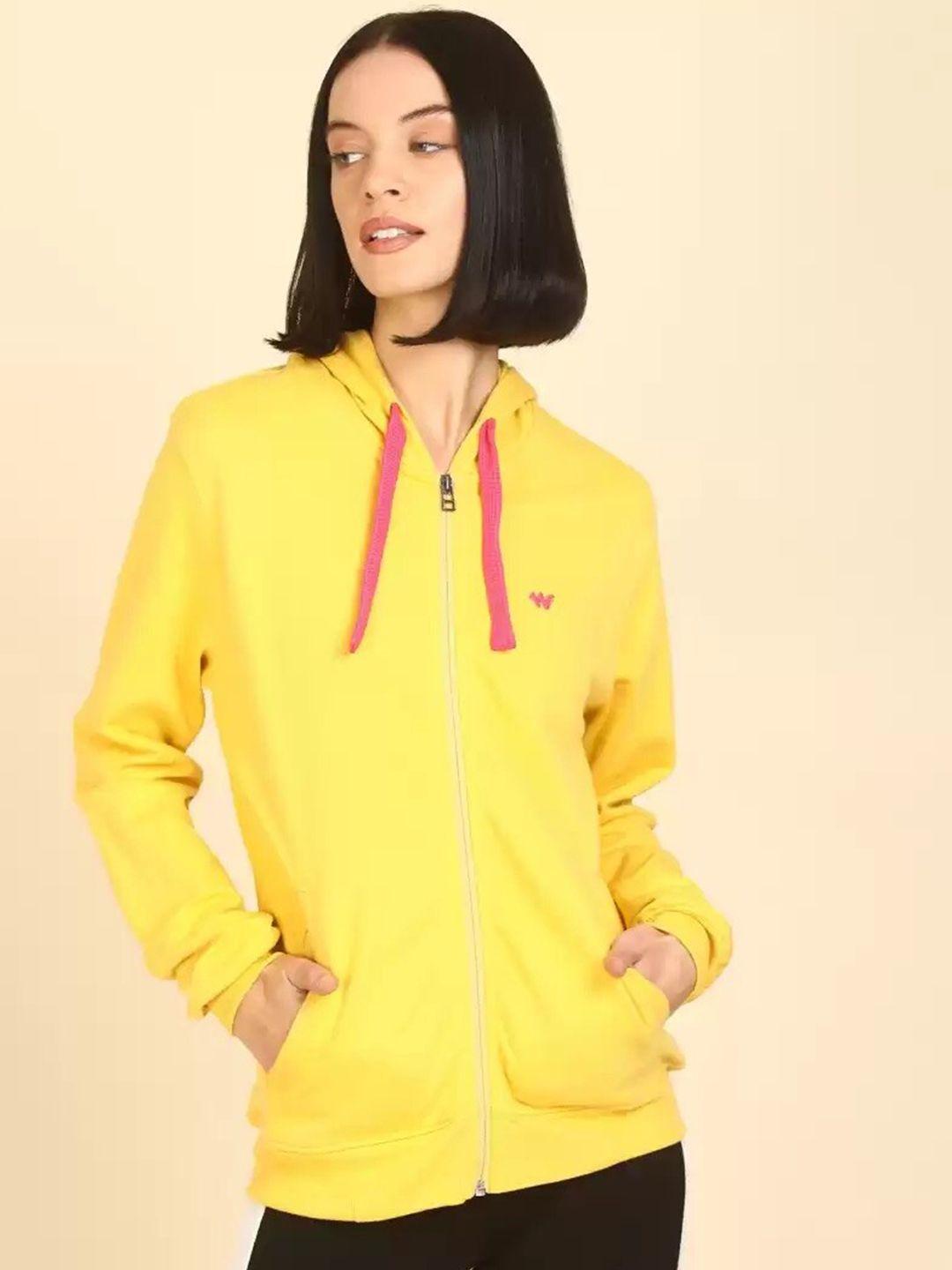 wildcraft women yellow cotton pull over hooded sweatshirt