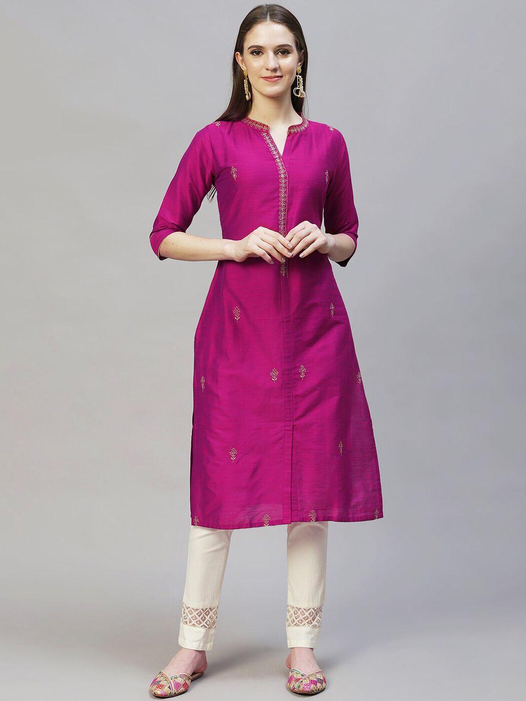 fashor women magenta ethnic motifs embroidered straight kurta