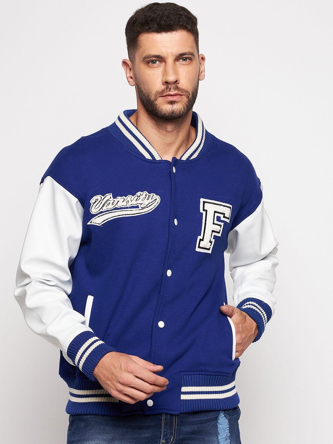 fugazee men blue white cotton colourblocked bomber with patchwork jacket