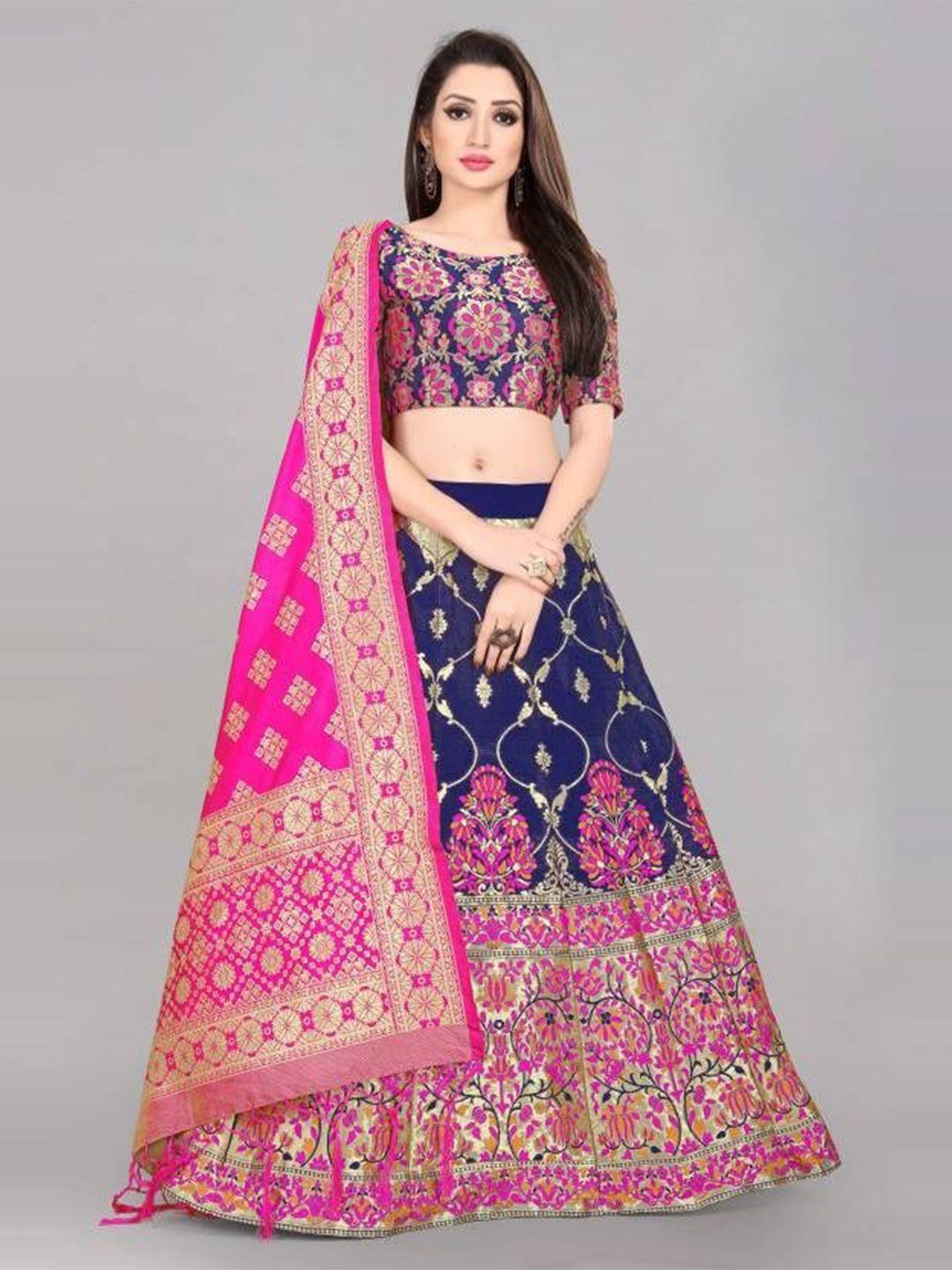 fashion basket blue & pink printed semi-stitched lehenga & unstitched blouse with dupatta