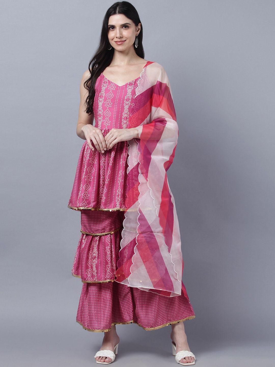 myshka women pink bandhani printed pleated gotta patti pure silk kurti with sharara & with dupatta