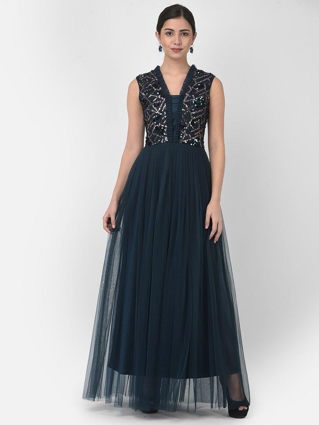 eavan navy blue & gold-toned embellished net maxi dress