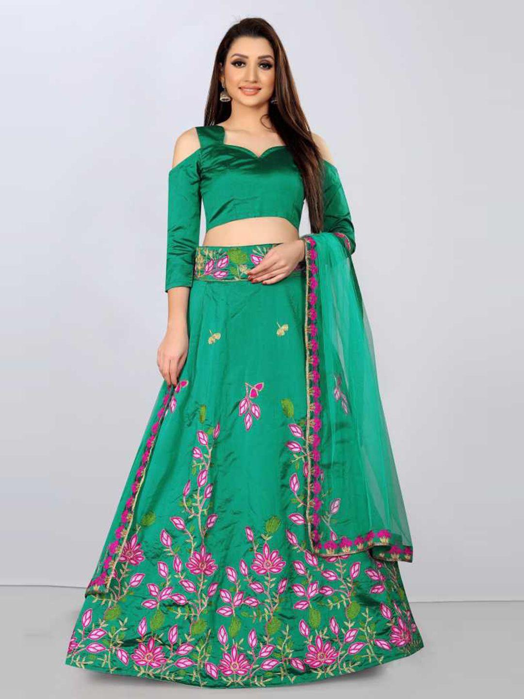 jsitaliya women green & pink semi-stitched lehenga & unstitched blouse with dupatta