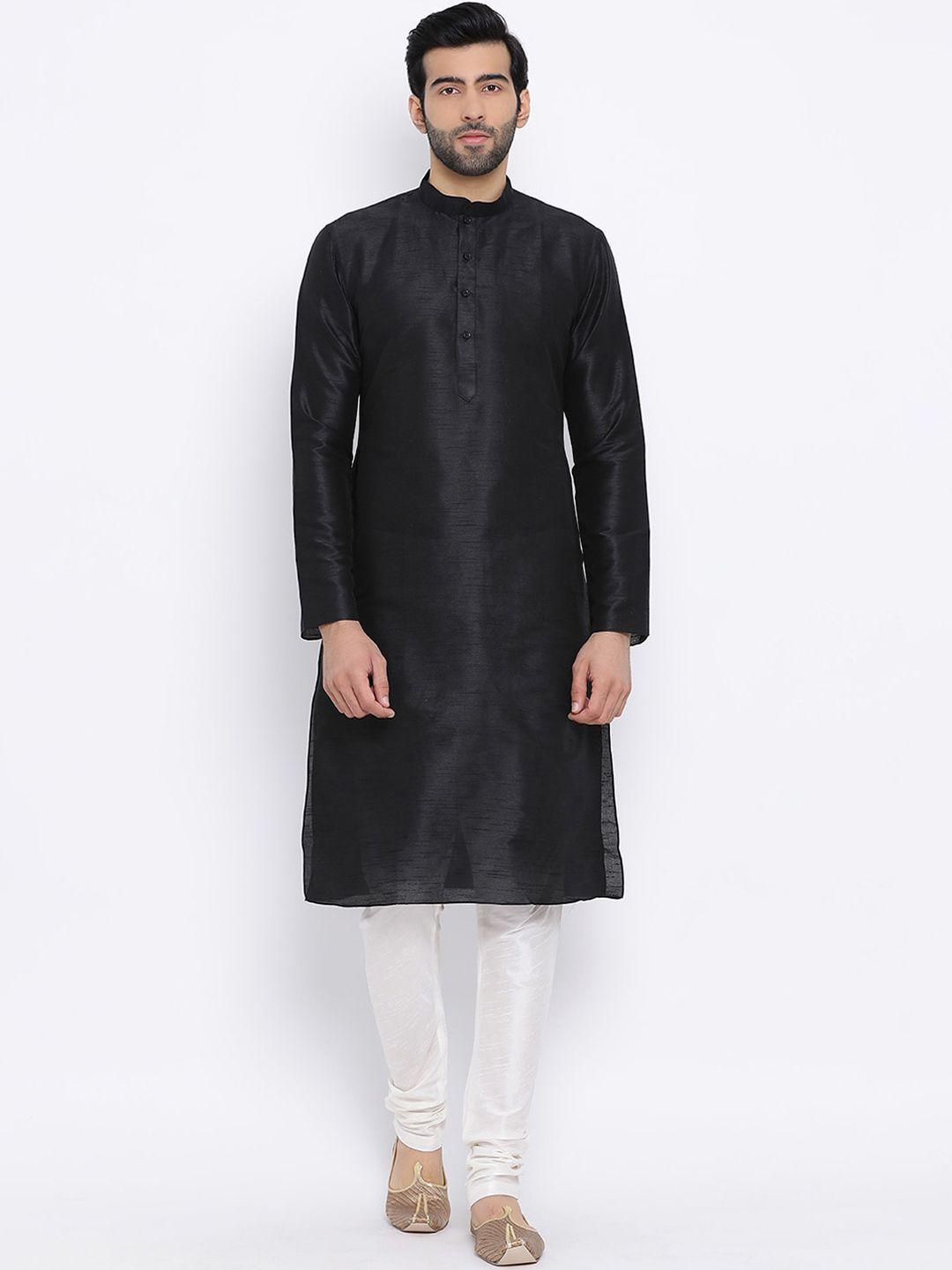 namaskar men black solid dupion silk kurta