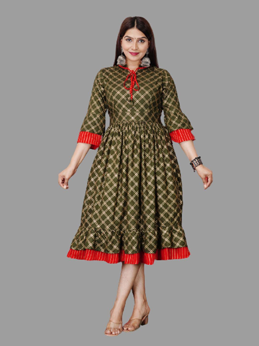 aayusika women olive green & red floral checked kurta