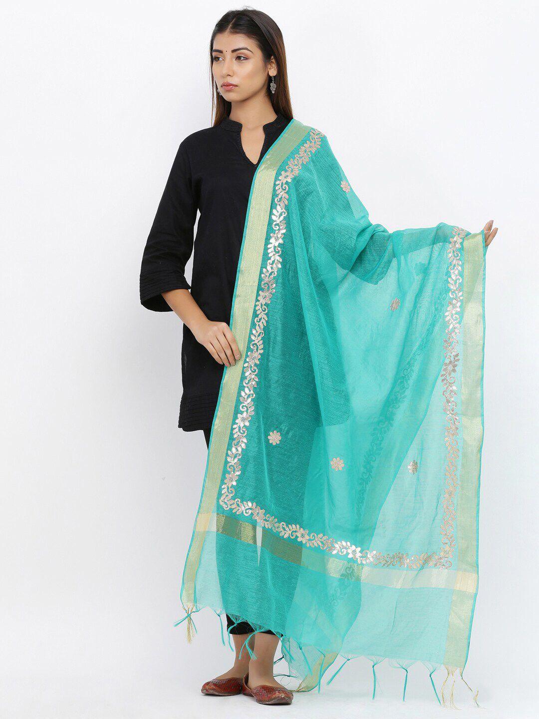 soundarya sea green & gold-toned embroidered cotton silk dupatta with thread work